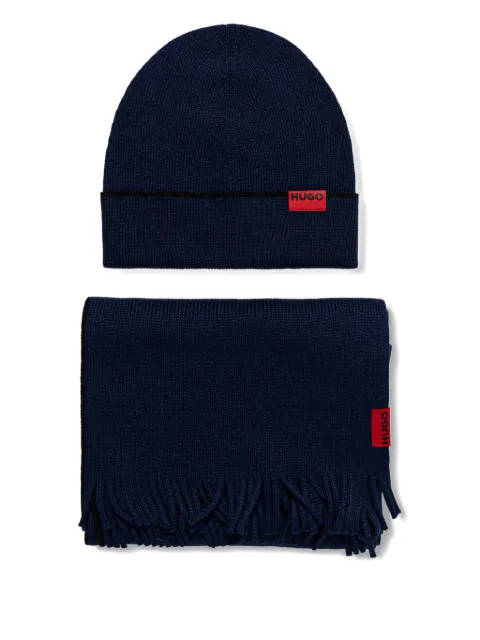 HUGO logo-detail fringed beanie set