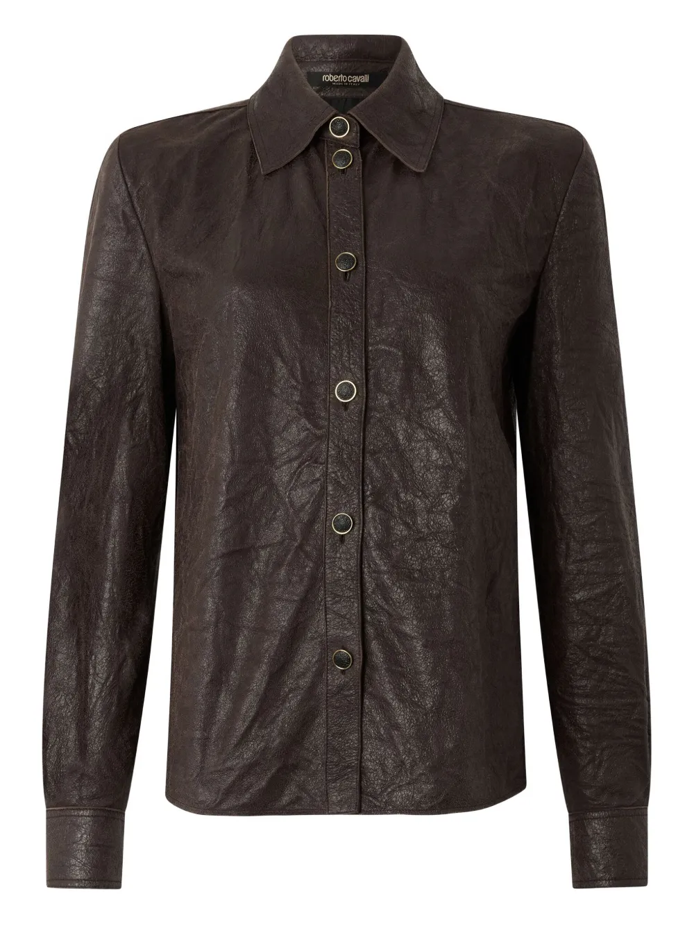 Roberto Cavalli Buttoned Leather Shirt In Brown