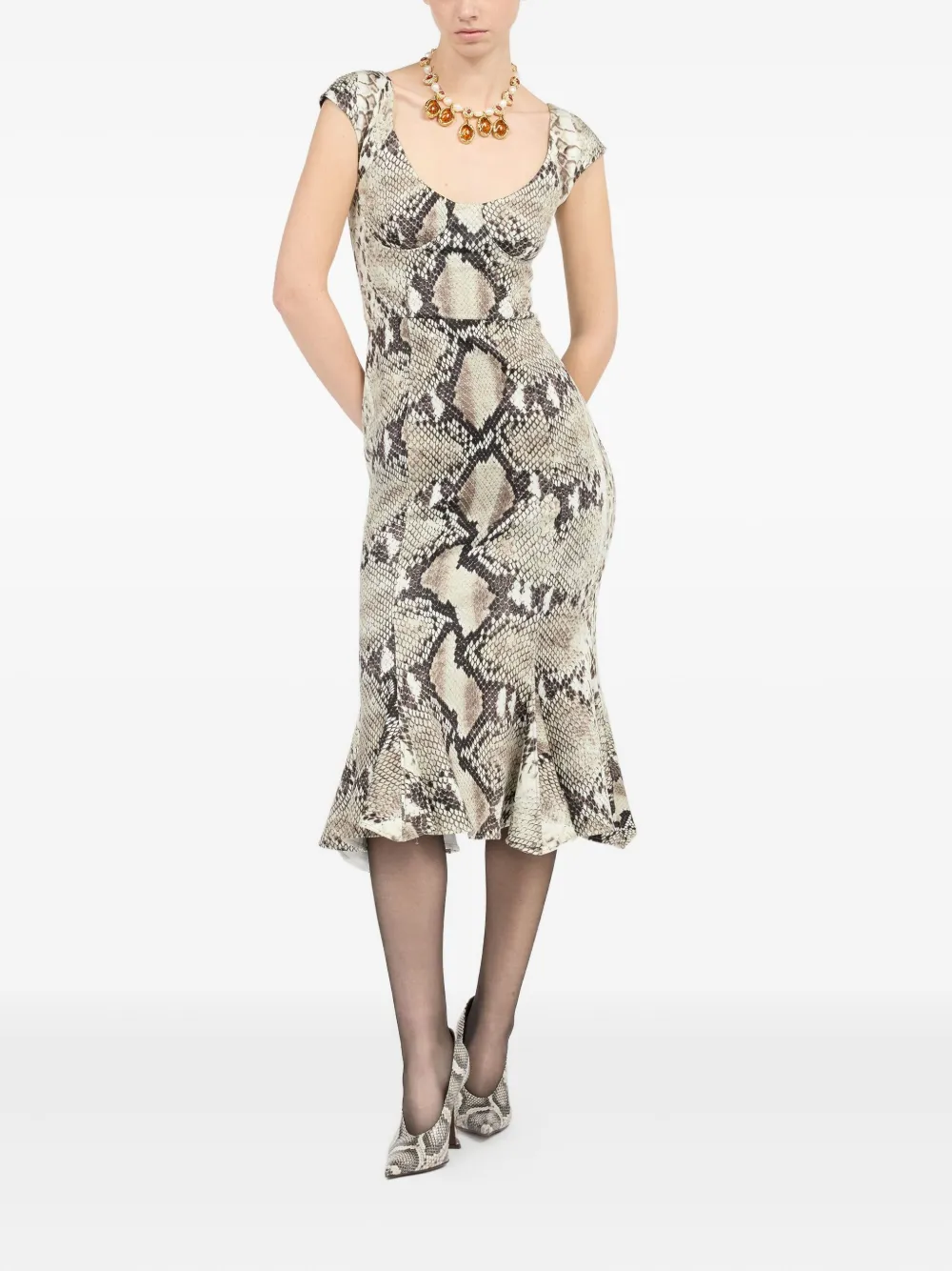 Roberto Cavalli Midi-jurk met pythonprint Beige