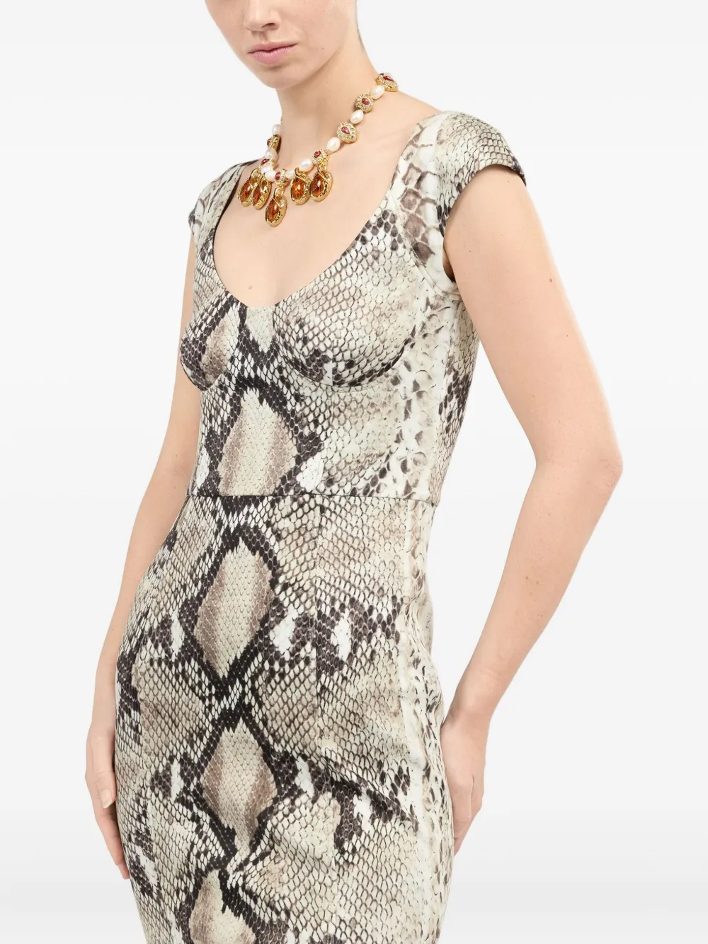 Roberto Cavalli Midi-jurk met pythonprint Beige