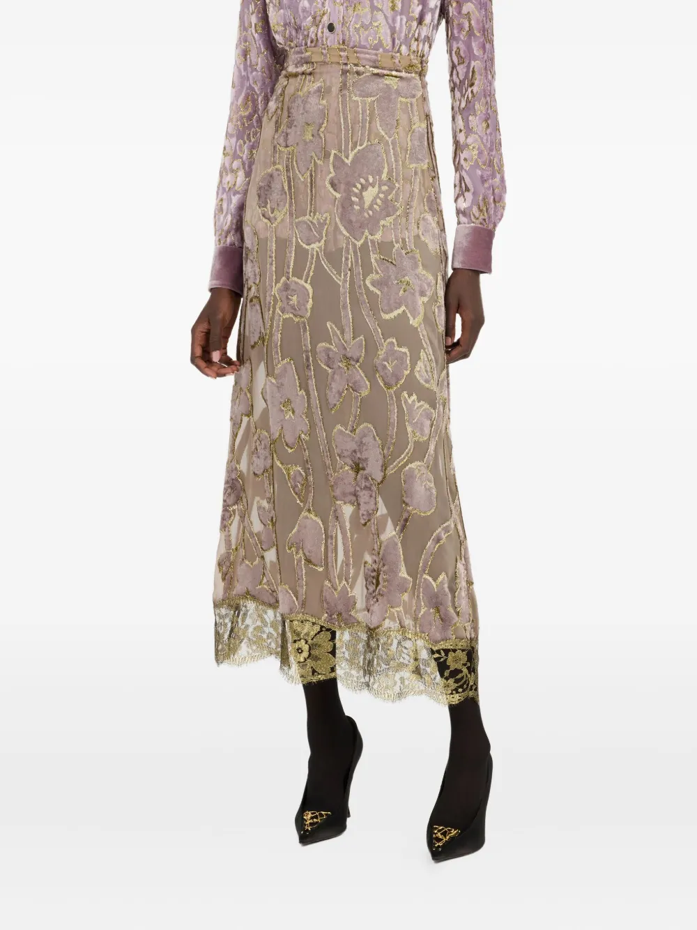 Roberto Cavalli Midi-rok met bloemenkant Beige