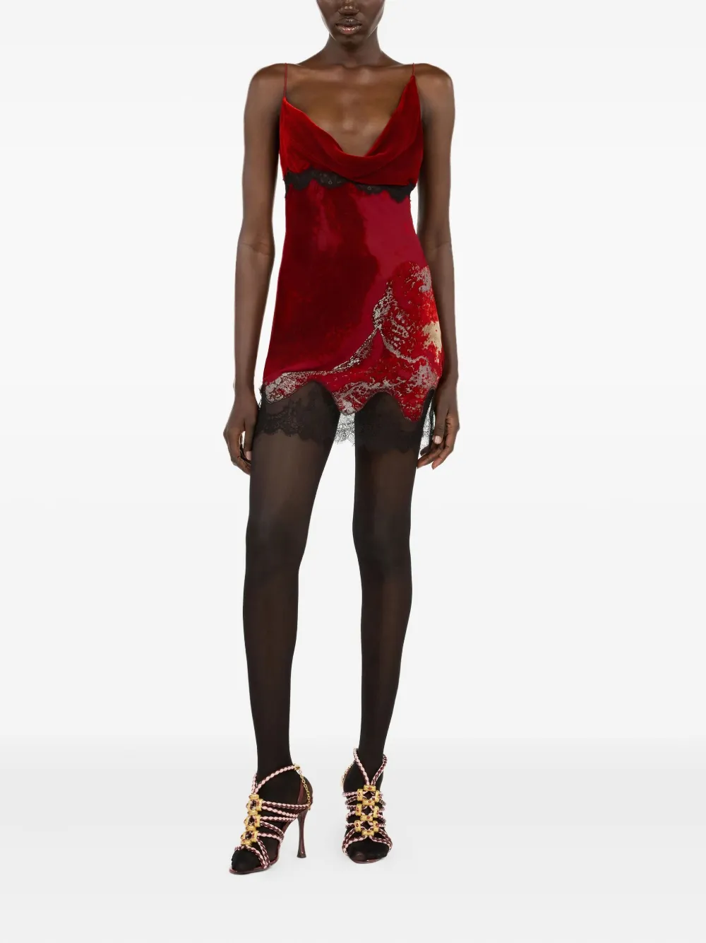 Roberto Cavalli Mini-jurk met print en kant - Rood