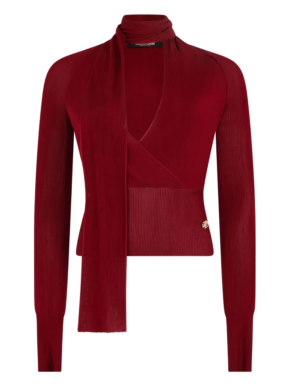 Roberto Cavalli Wrap-over Ribbed-knit Top In Burgundy