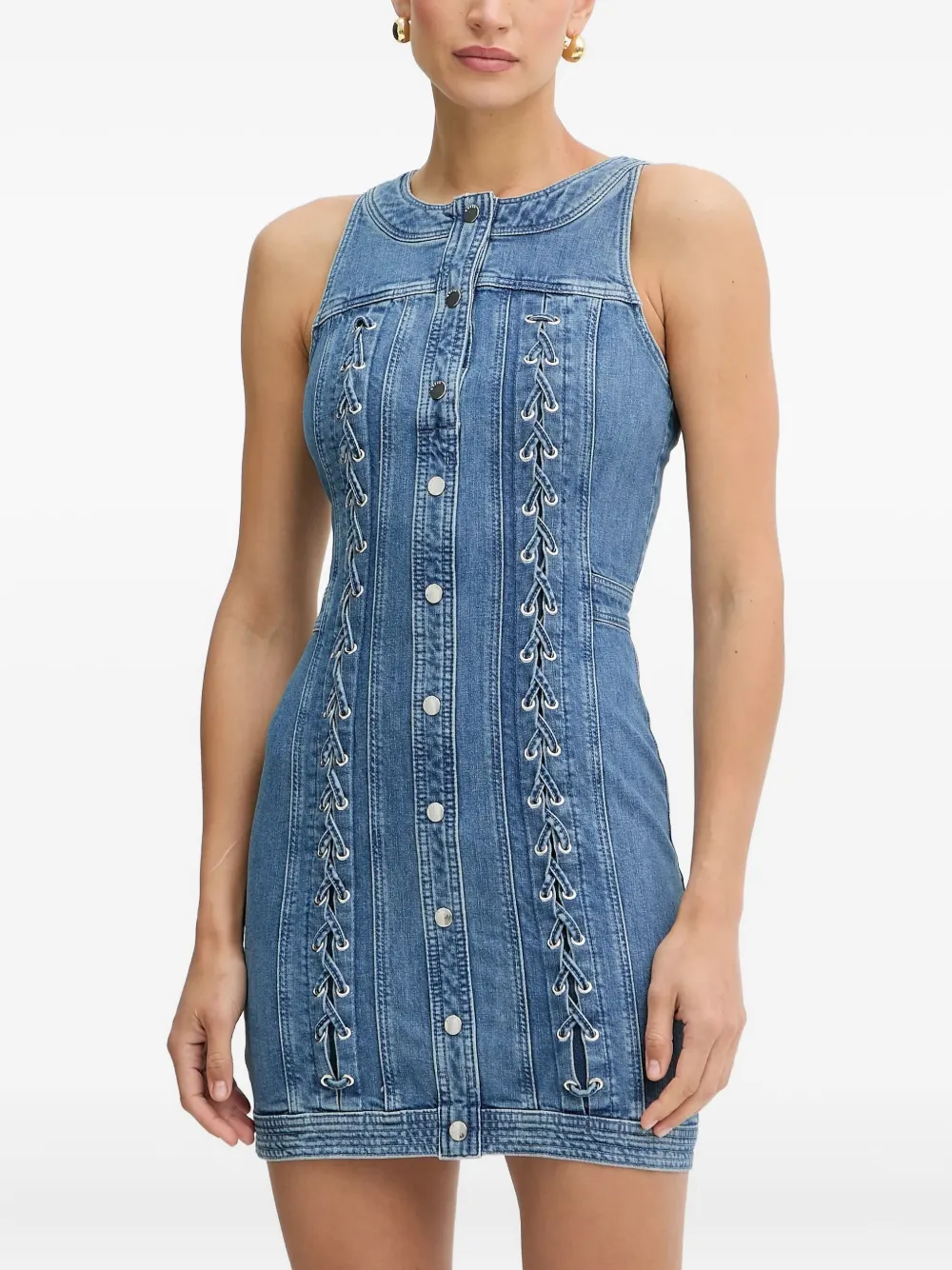 Guess Usa Buttoned Lace-up Mini Day Dress In Multi