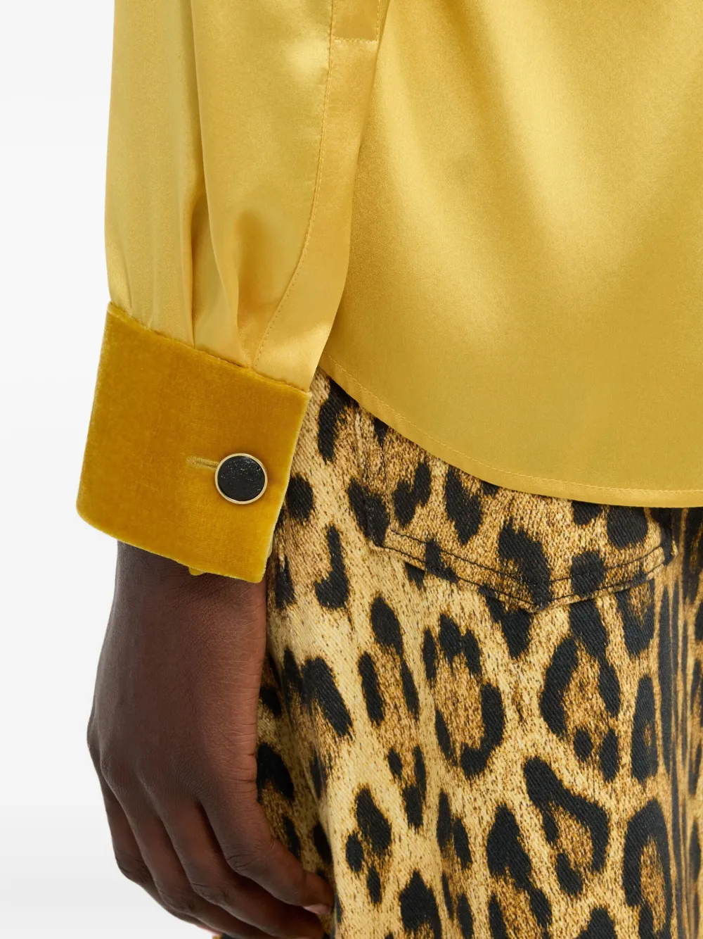 Roberto Cavalli Ochre Silk Shirt With Velvet Inserts In Yellow