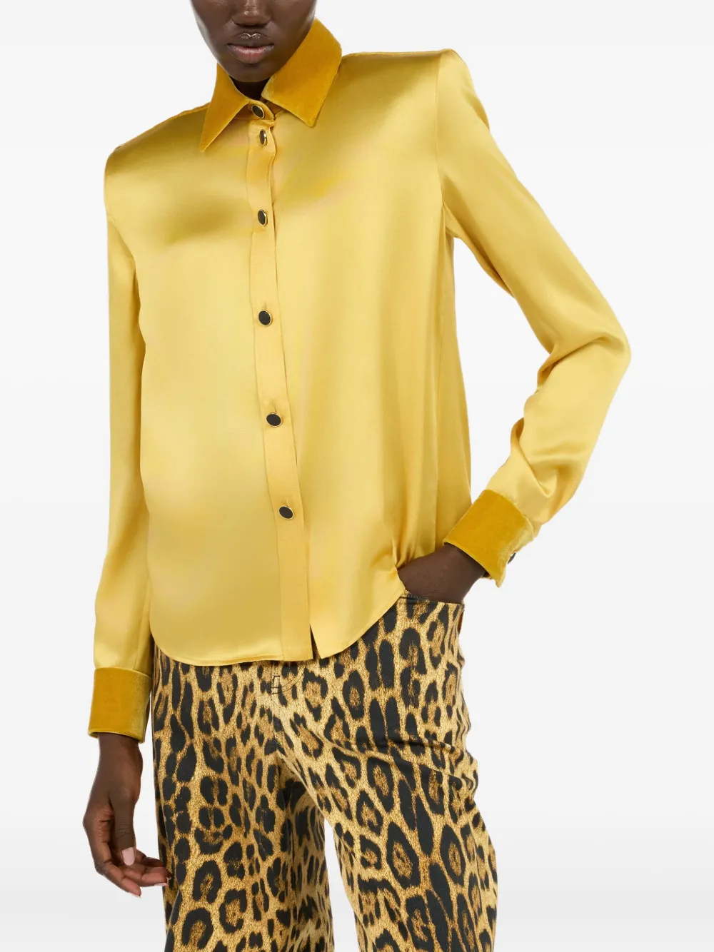 Roberto Cavalli Ochre Silk Shirt With Velvet Inserts In Yellow