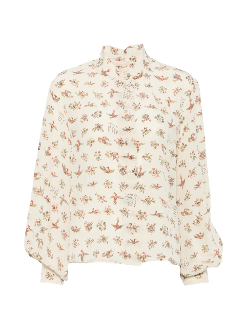 MOMONÌ bird-print puff-sleeve shirt - Nude