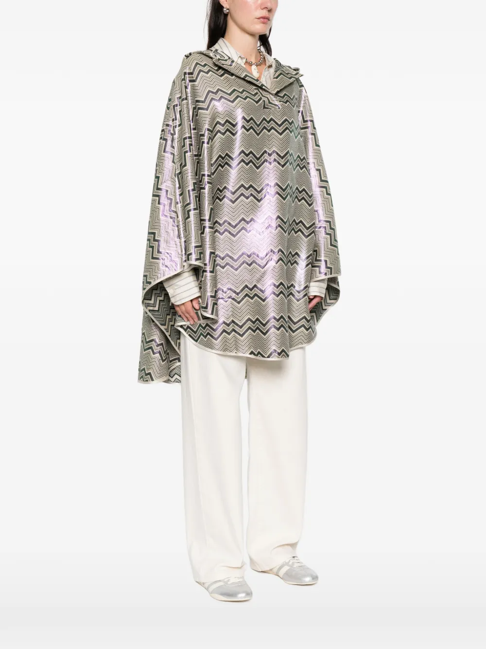 Missoni Hood Chevron-pattern Cape In Green