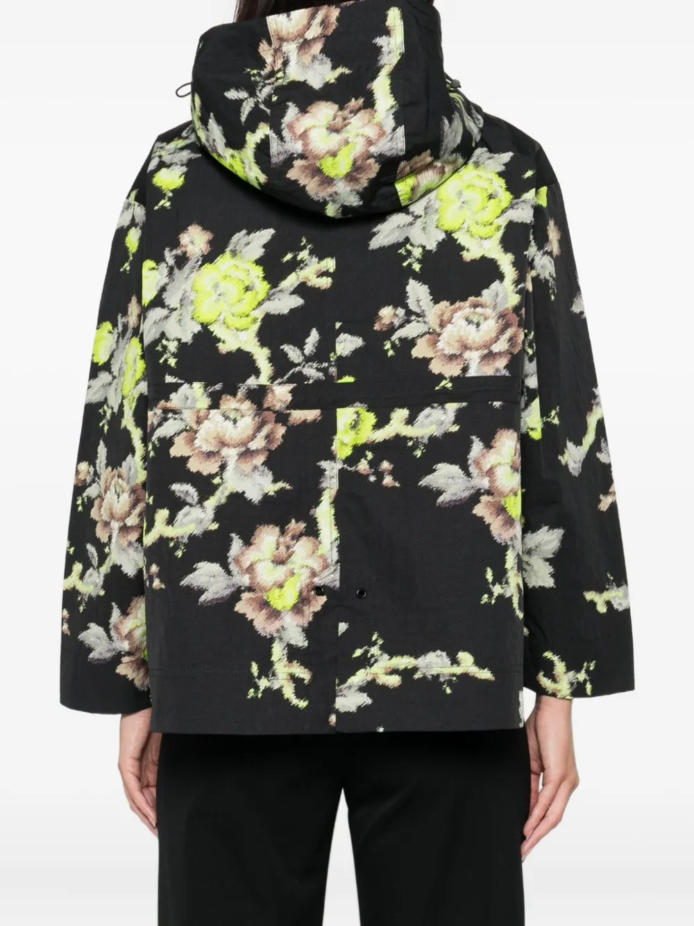Psophia Floral Print Hooded Jacket In Black Floral Print In Black