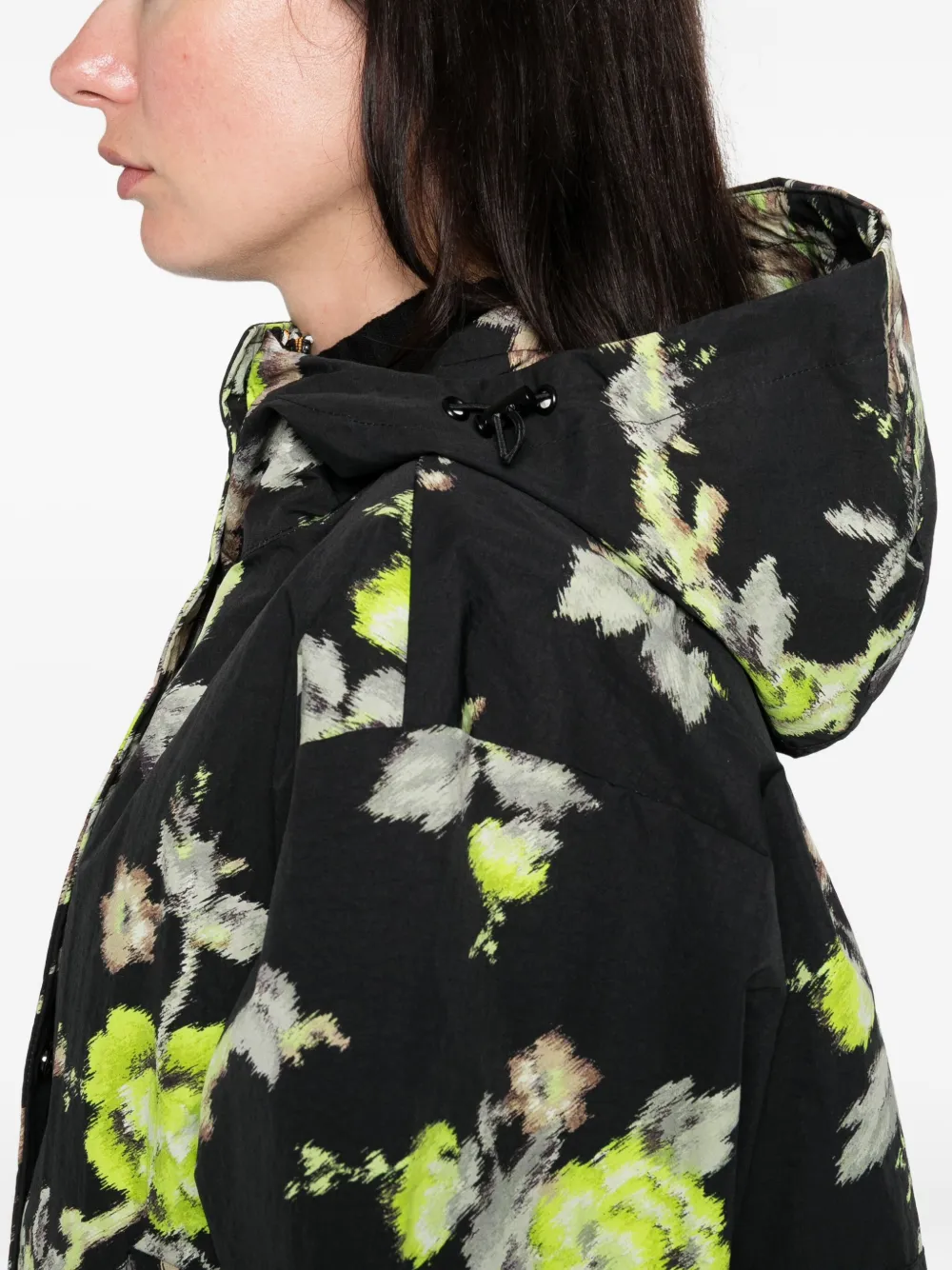 Psophia Floral Print Hooded Jacket In Black Floral Print In Black