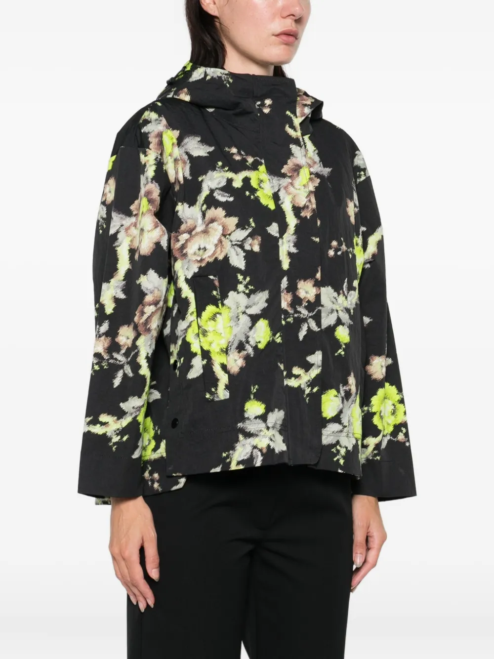 Psophia Floral Print Hooded Jacket In Black Floral Print In Black