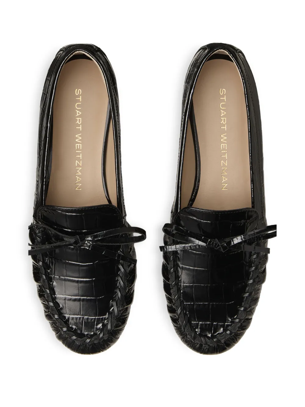 Stuart Weitzman Britt Croc-embossed Leather Bow Loafers In Black