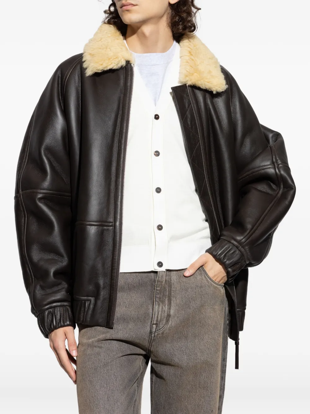 Jacquemus Bomber Jacket With Shearling Collar And Pockets In Brown