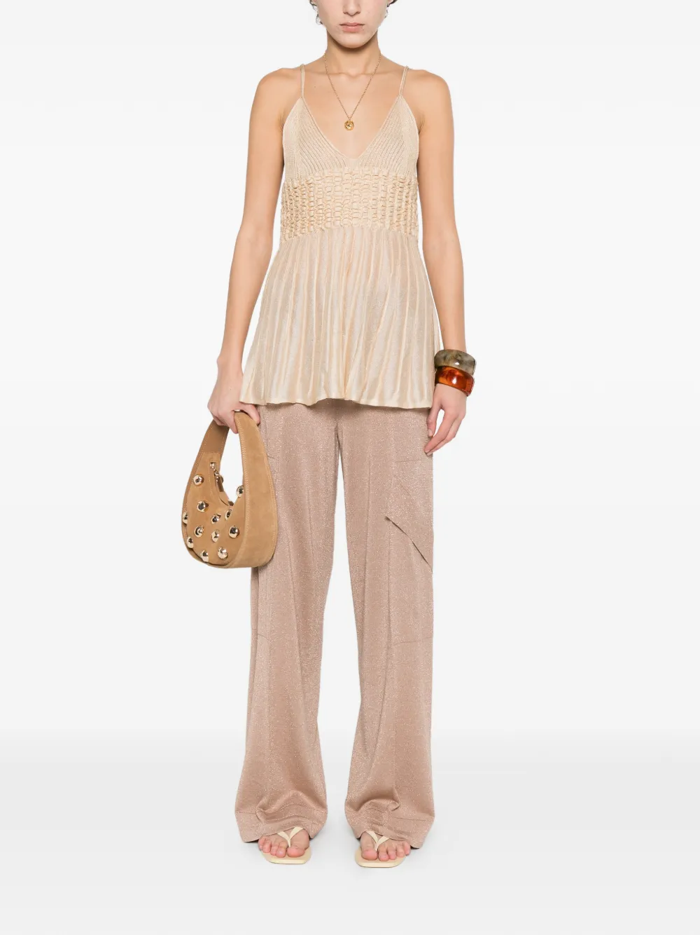  Circus Hotel Pleated V-neck Top - Neutrals 