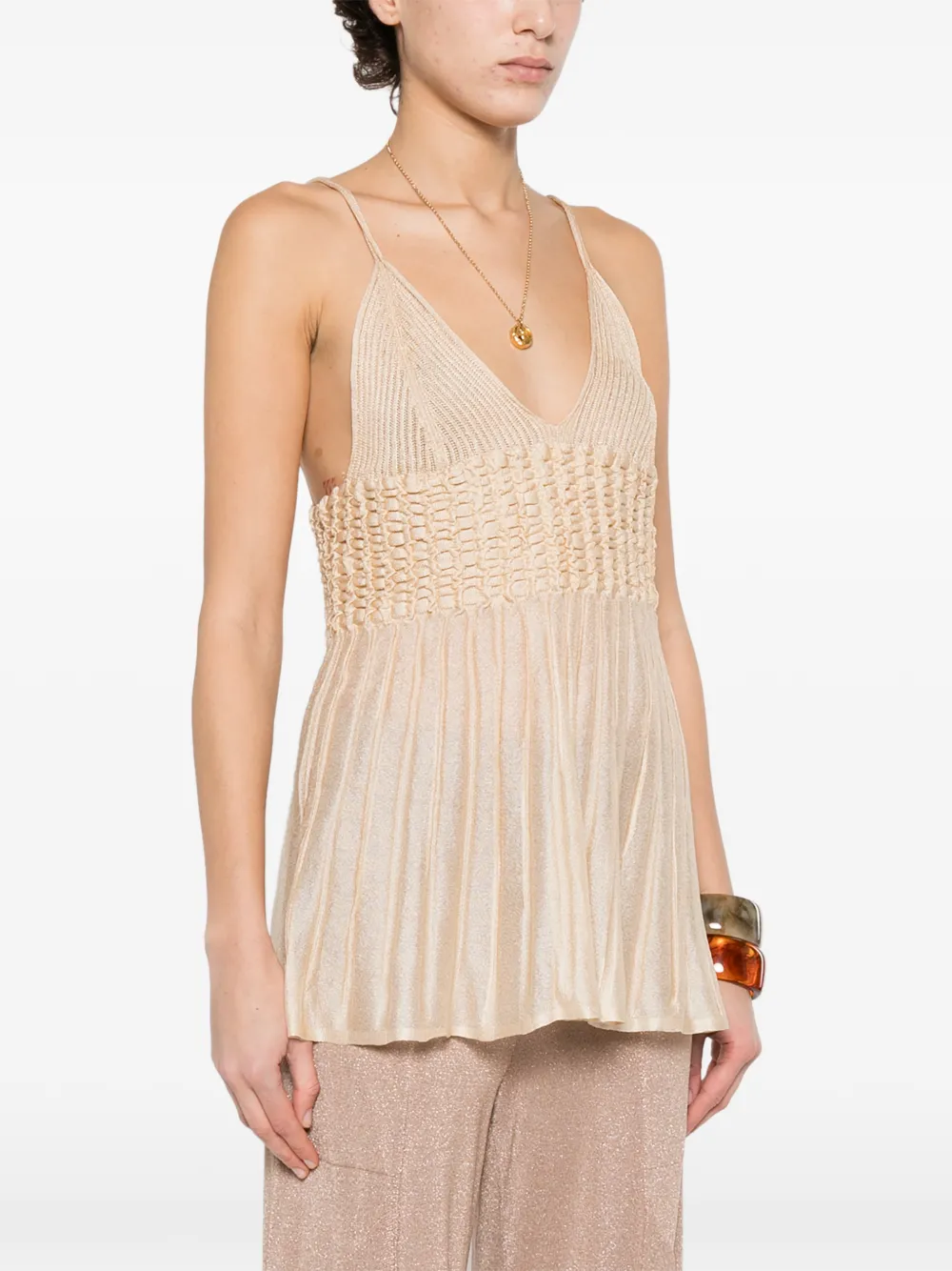  Circus Hotel Pleated V-neck Top - Neutrals 