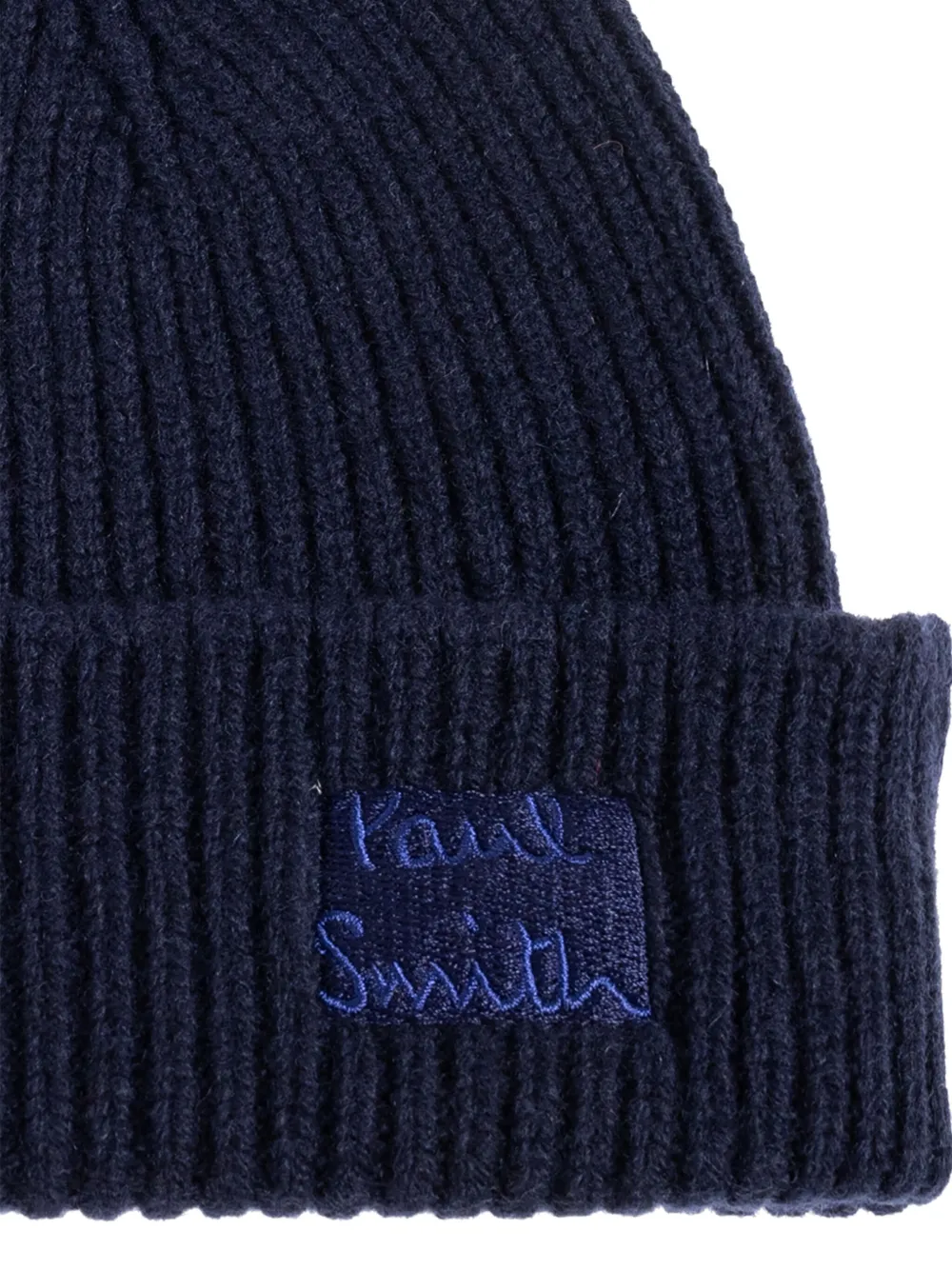 Paul Smith Cashmere Ribbed Knit Beanie With Rolled Brim In Blue