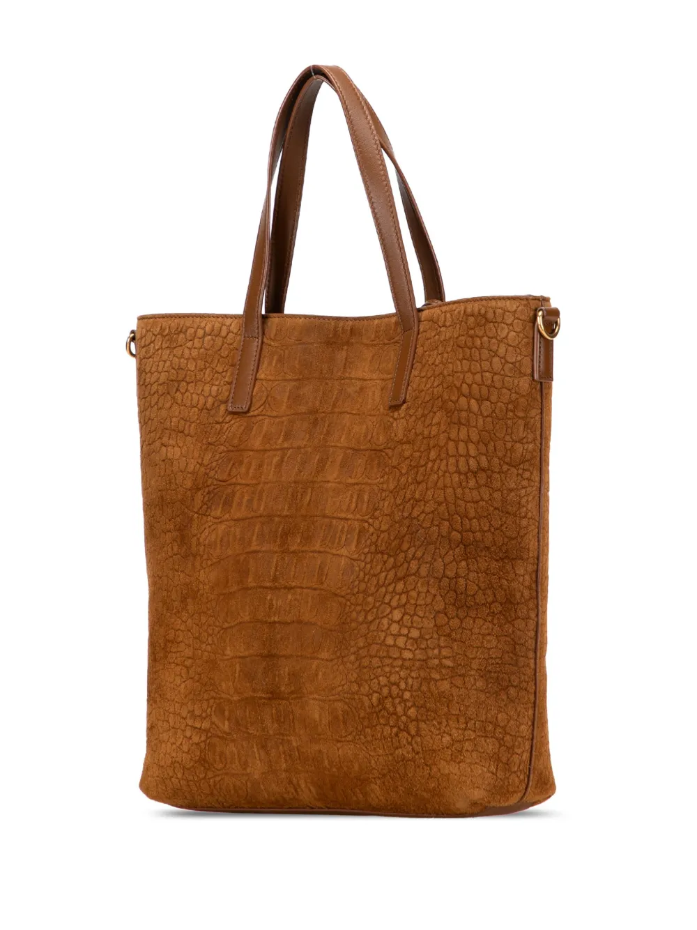 Pre-owned Saint Laurent 2020 Toy Croc Embossed Suede North South Shopping Tote Satchel In Brown