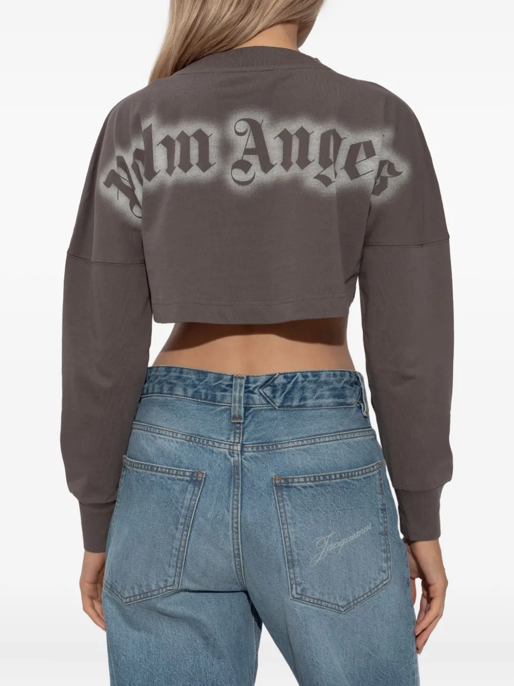 Palm Angels Logo-print Cropped Sweatshirt In Gray
