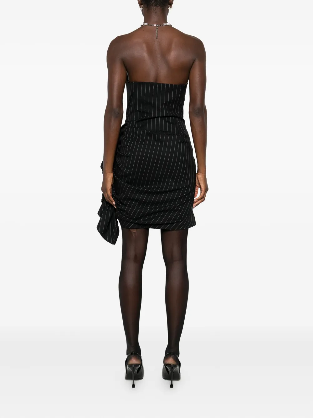 Les Filles D'eva Pinstriped Ruffled Asymmetric Cocktail Dress In Black