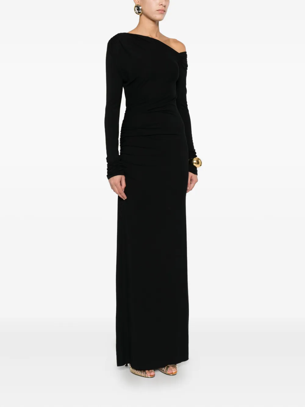 Les Filles D'eva Long-sleeved Draped Maxi Evening Dress In Black