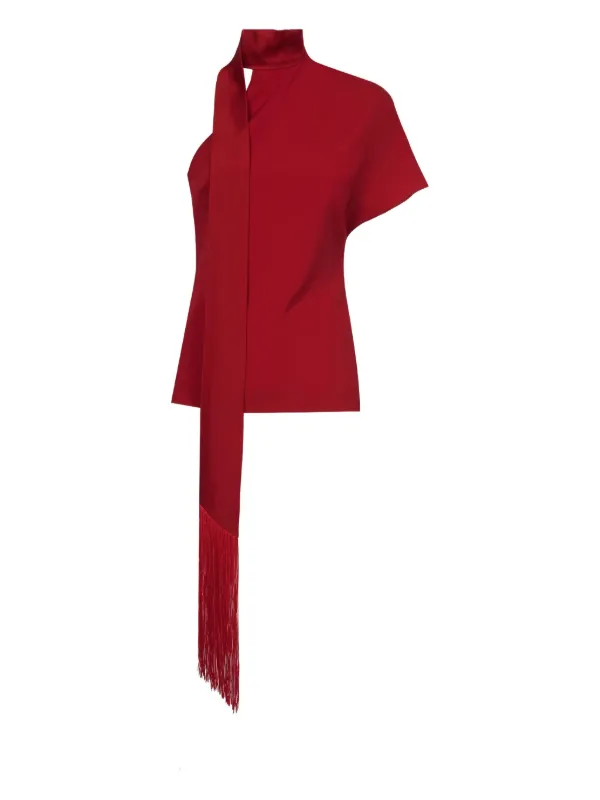 Taller Marmo Absinthe Fringed One-shoulder Blouse in Red