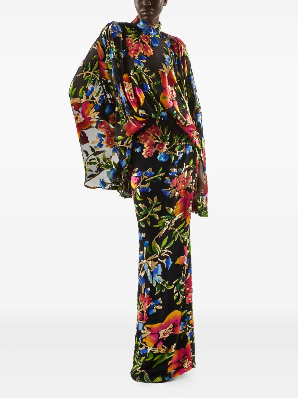 Taller Marmo Eolia maxi-avondjurk met bloemenprint en flared mouwen - Zwart