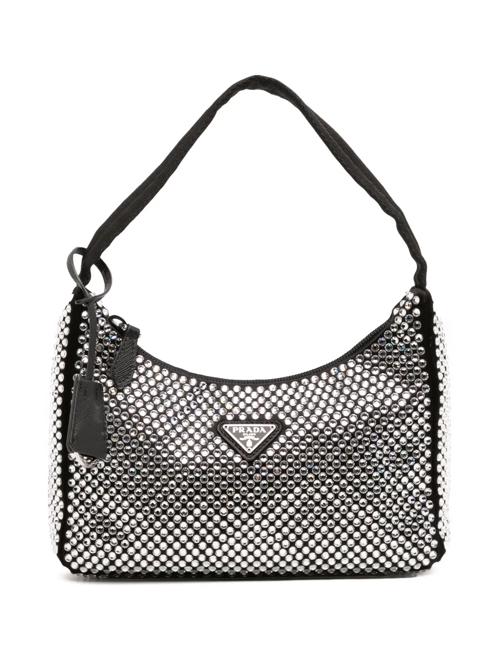 Pre-owned Prada 2019-2025 Mini Satin Crystal Re Edition 2000 Shoulder Bag In Black