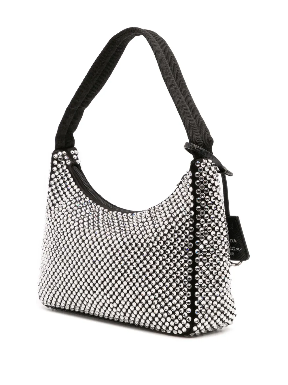 Pre-owned Prada 2019-2025 Mini Satin Crystal Re Edition 2000 Shoulder Bag In Black