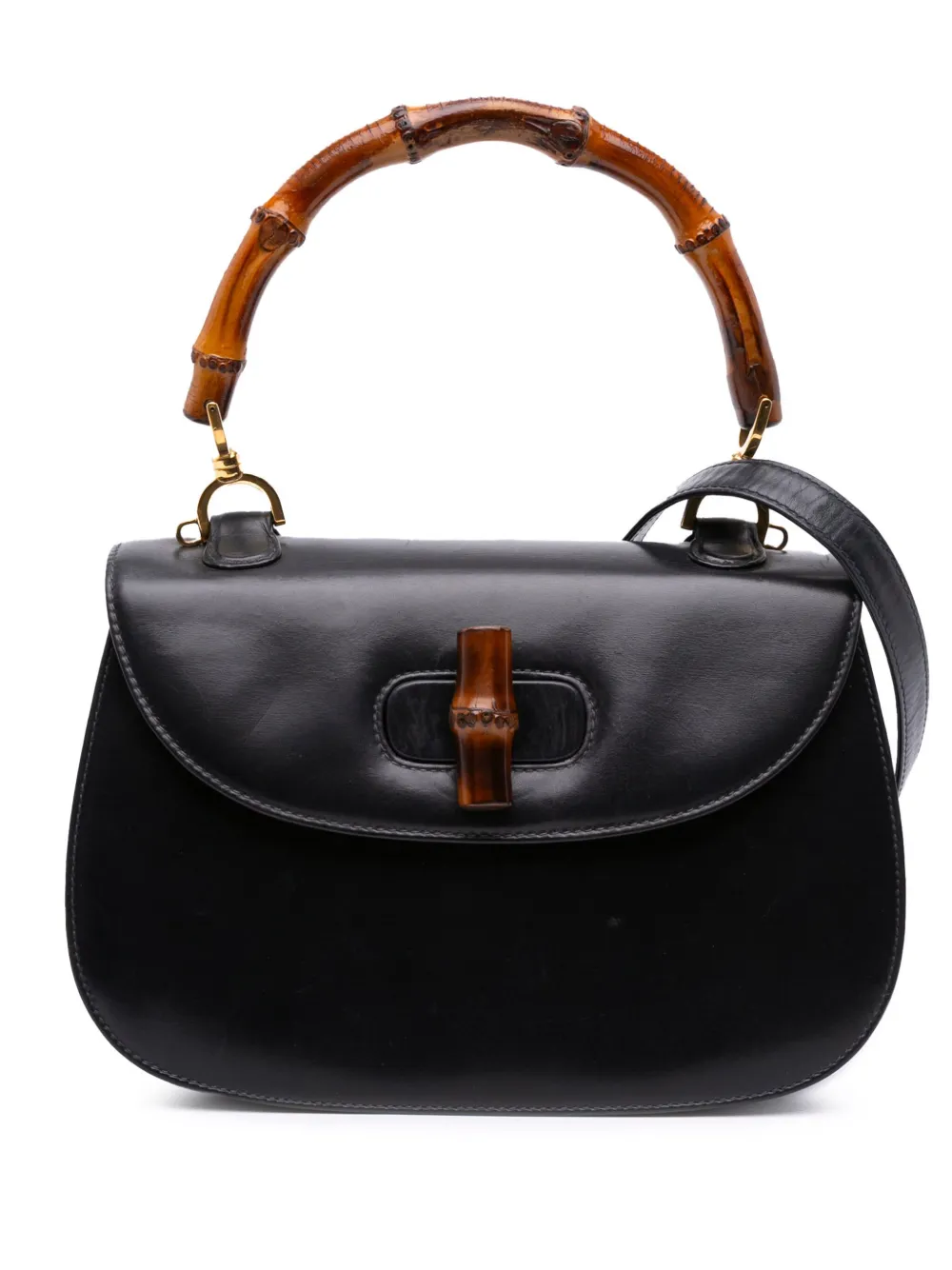 Pre-owned Gucci 20th Century Calfskin Bamboo Night Satchel In Black