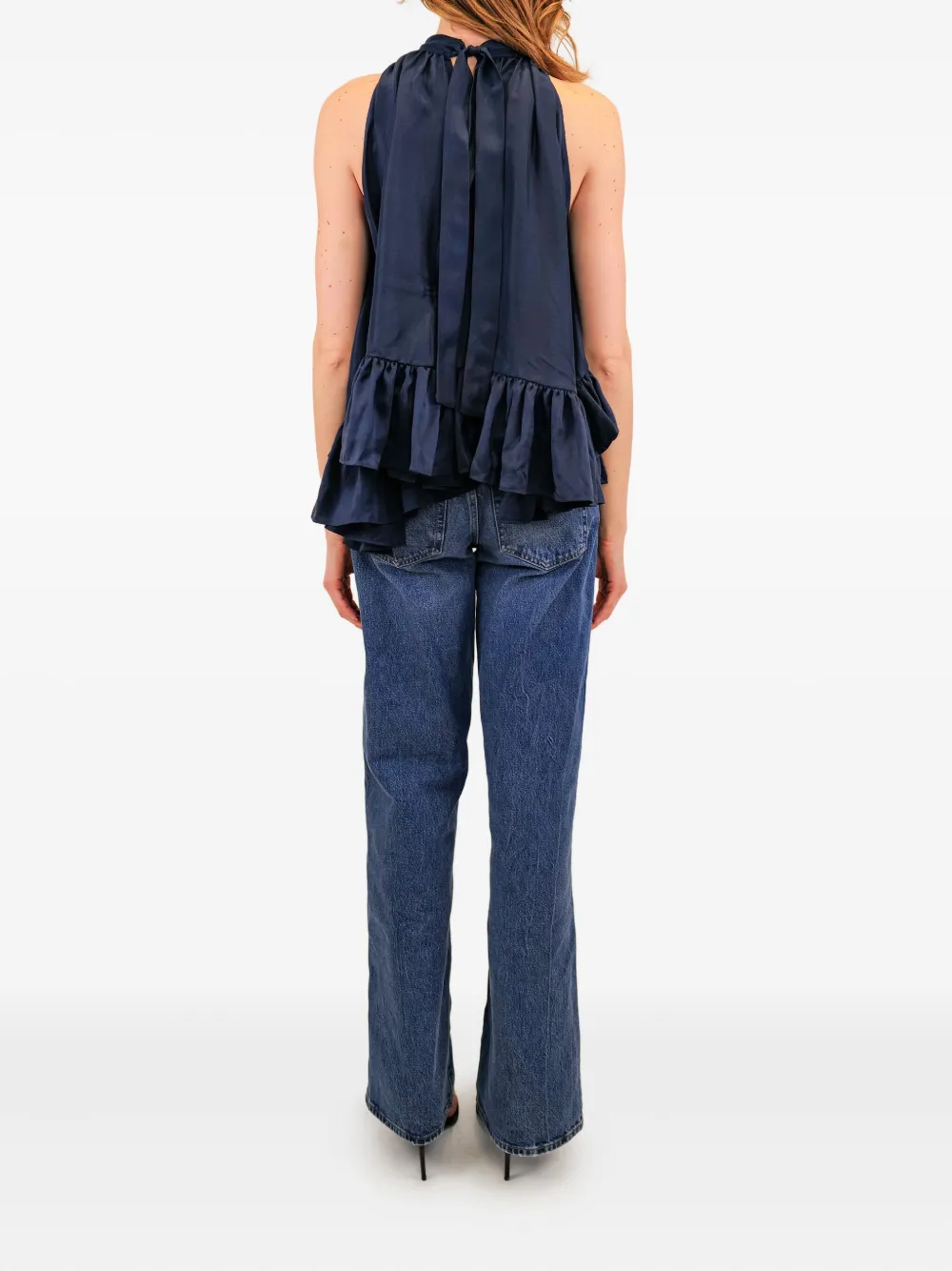 Azeeza Plath Silk Top Navy In Blue