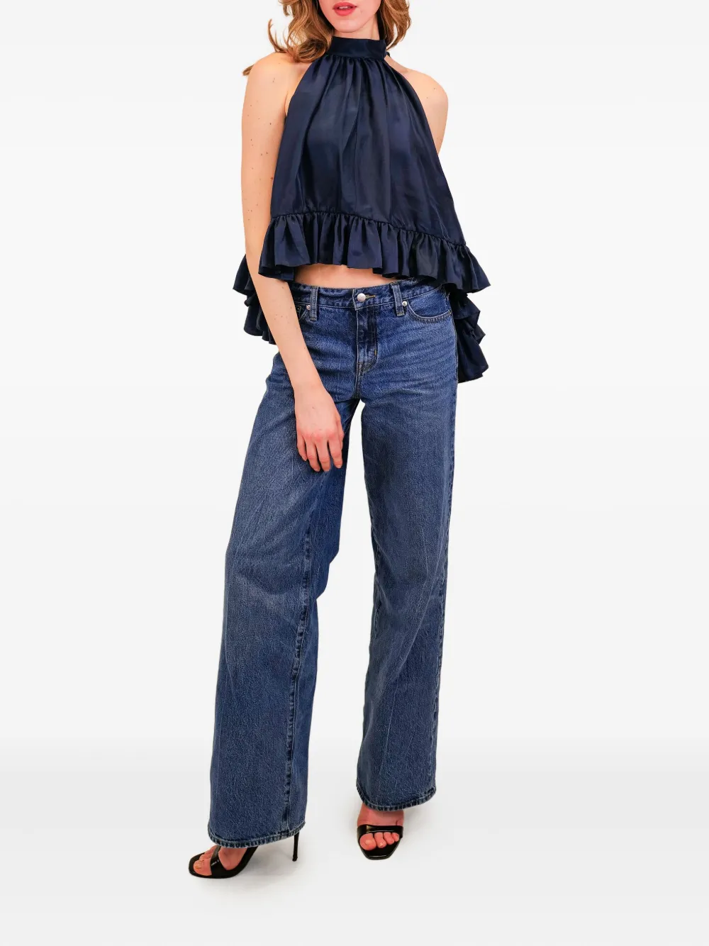 Azeeza Plath Silk Top Navy In Blue