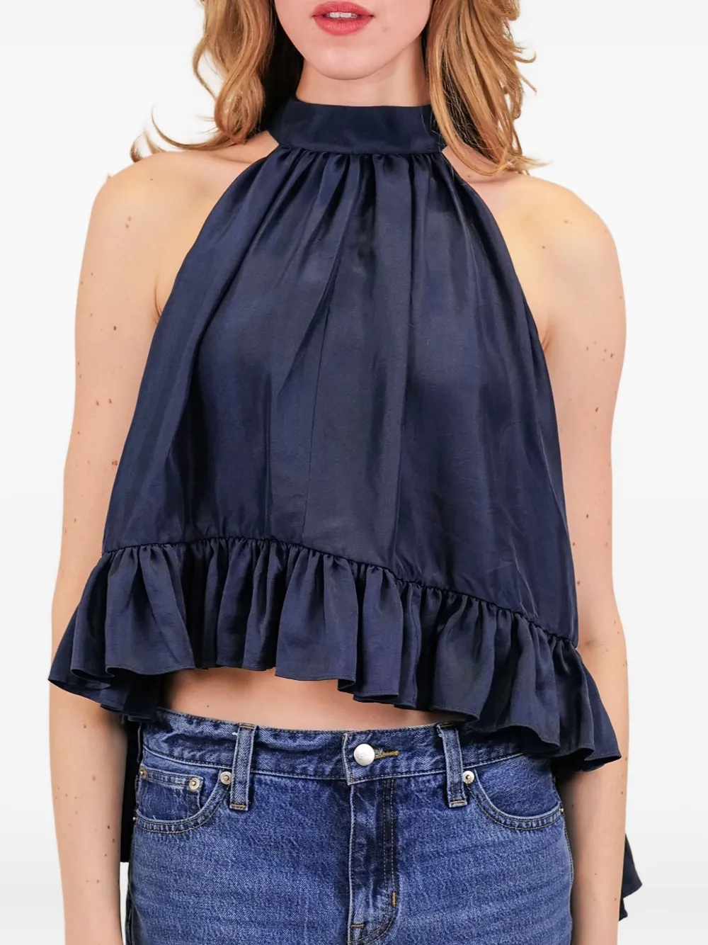 Azeeza Plath Silk Top Navy In Blue