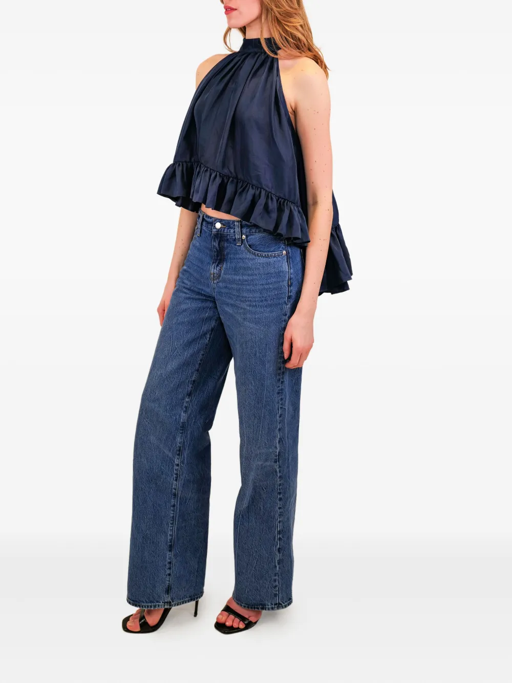 Azeeza Plath Silk Top Navy In Blue