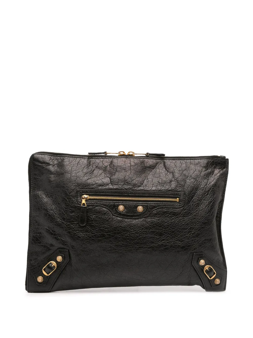 Pre-owned Balenciaga 2015 Lambskin Motocross Giant 12 Zip Around Flat Clutch Bag In Black