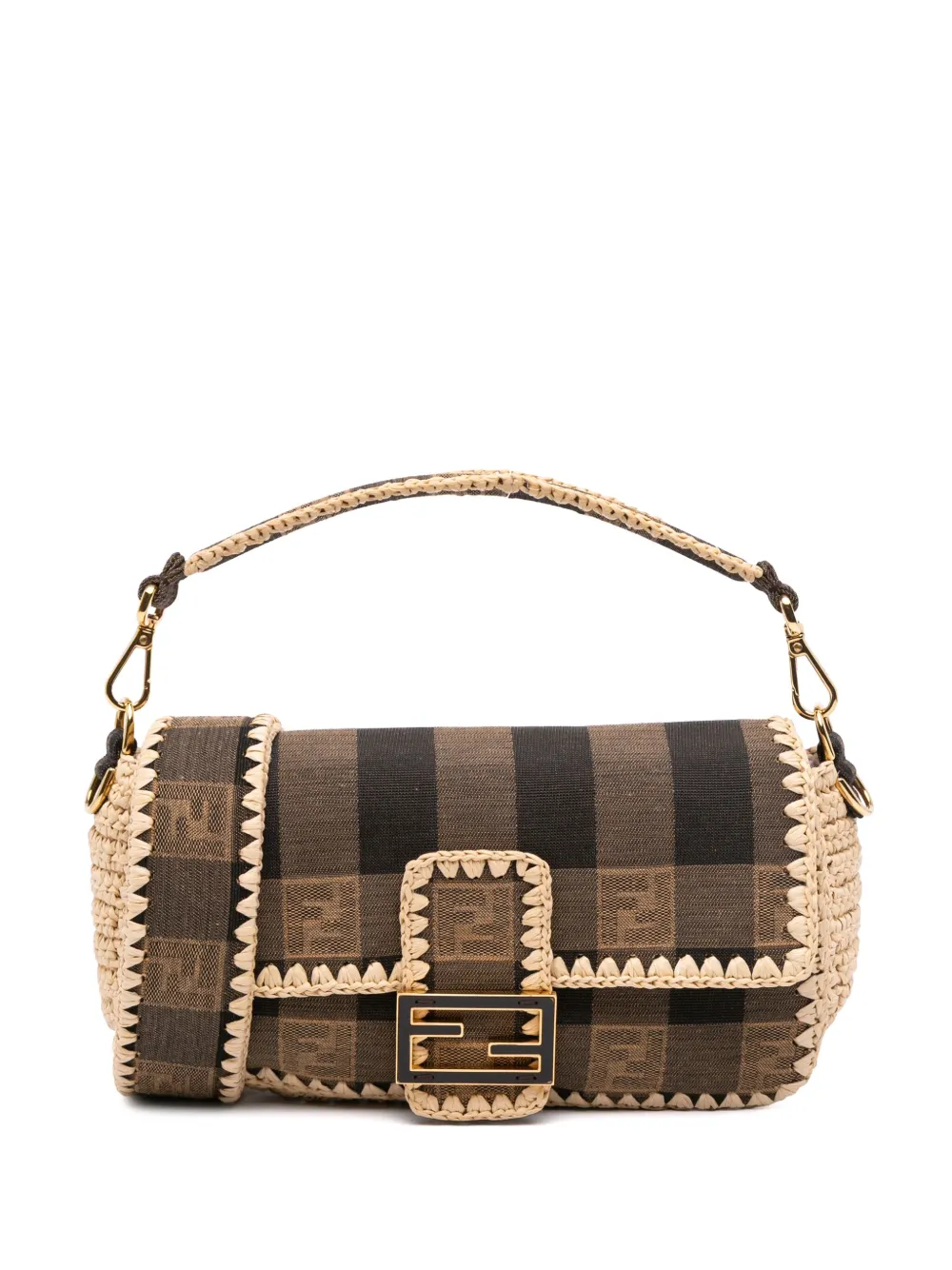 Fendi Pre-Owned 2000-2010 ペカン ギンガムキャンバス&ラフィア バゲット サッチェルバッグ - ブラウン Fendi Pre-Owned 2000-2010 ペカン ギンガムキャンバス&ラフィア バゲット サッチェルバッグ - ブラウン