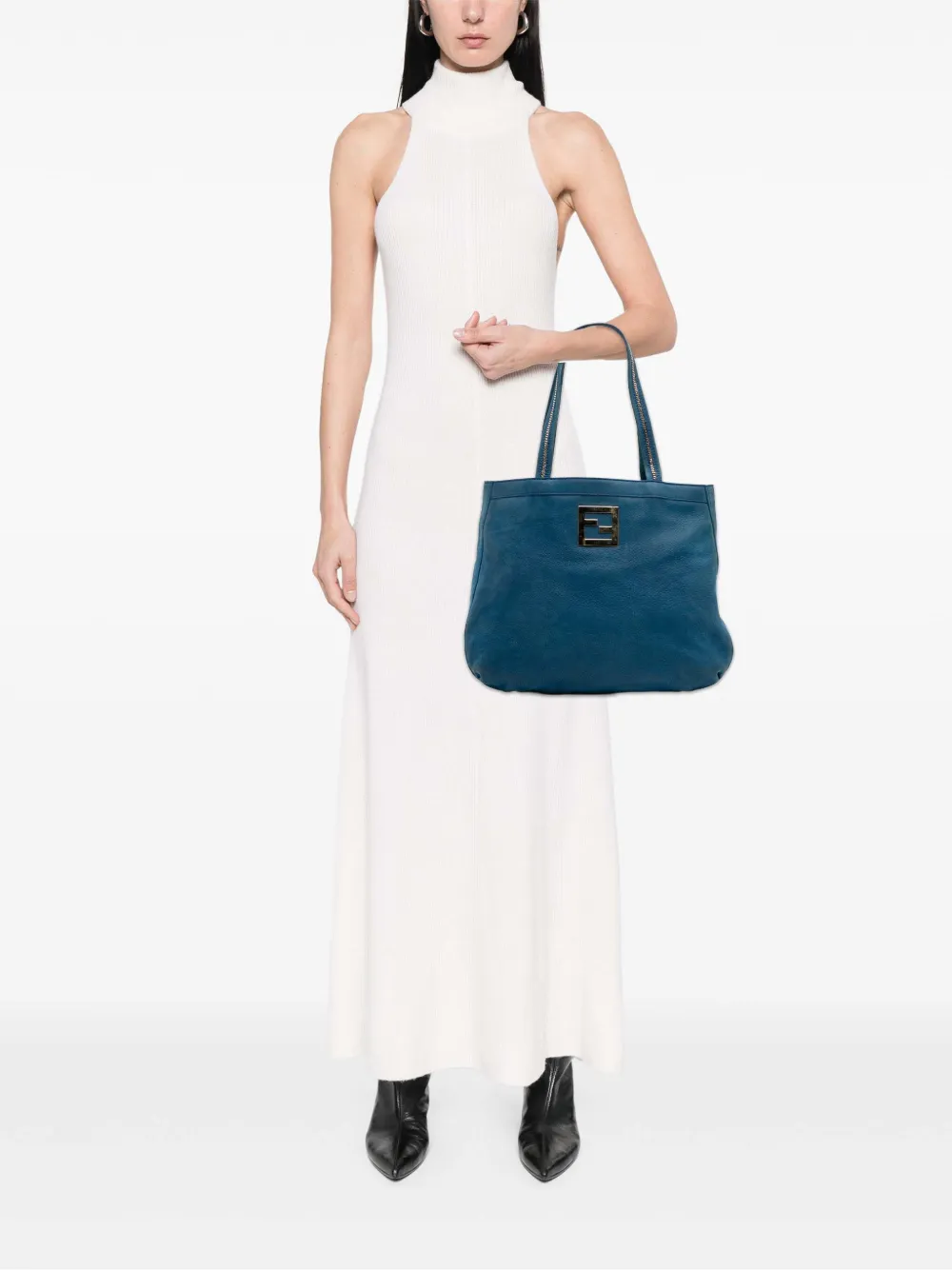 Pre-owned Fendi 2010-2025 Nubuck Ff Chains Tote Bag In Blue