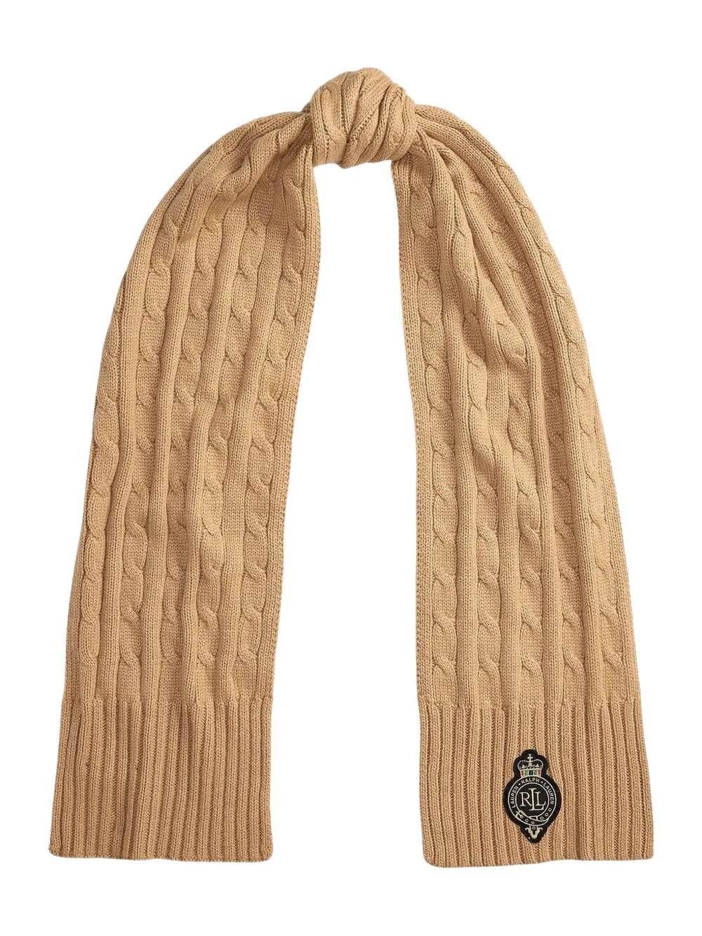 Ralph Lauren Logo-patch Cable-knit Scarf In Brown