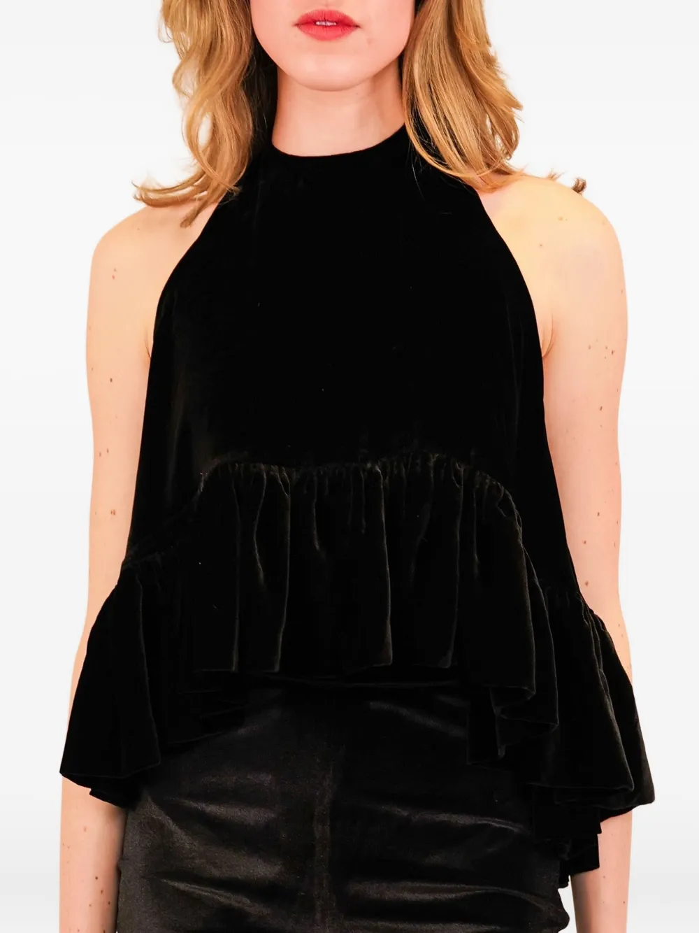 Azeeza Winston Ruffled Velvet Top In Black