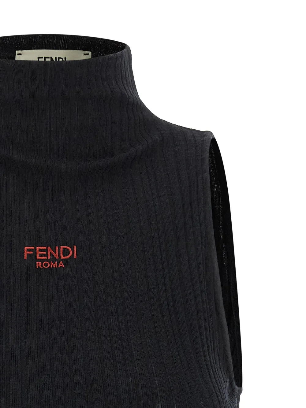 Fendi High Neck Sleeveless Ribbed Top In Black