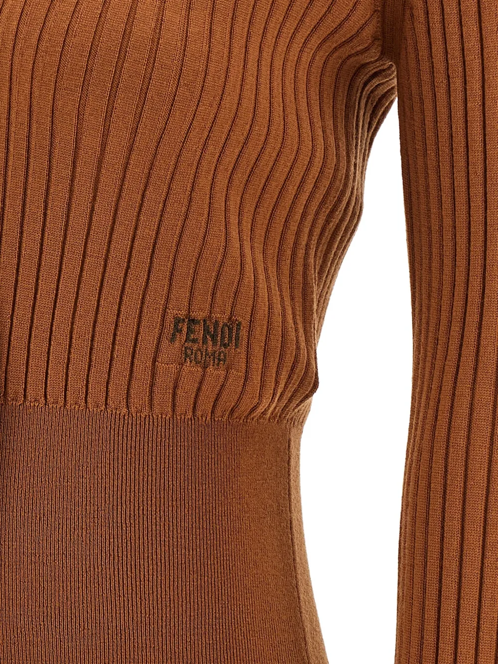 Fendi Textured Long Sleeve Collared Knit Top In Brown