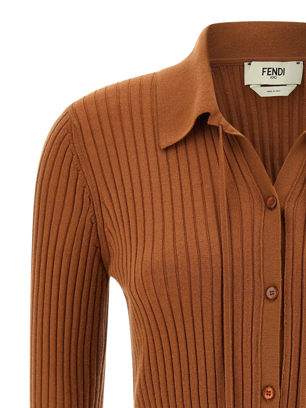 Fendi Textured Long Sleeve Collared Knit Top In Brown