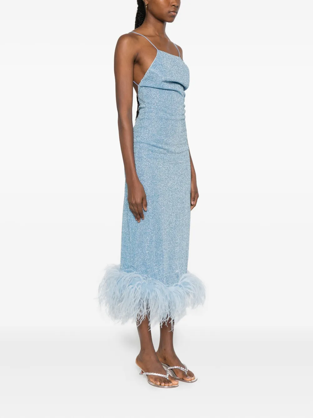 Oséree Jurk met veren afwerking en spaghettibandjes Blauw