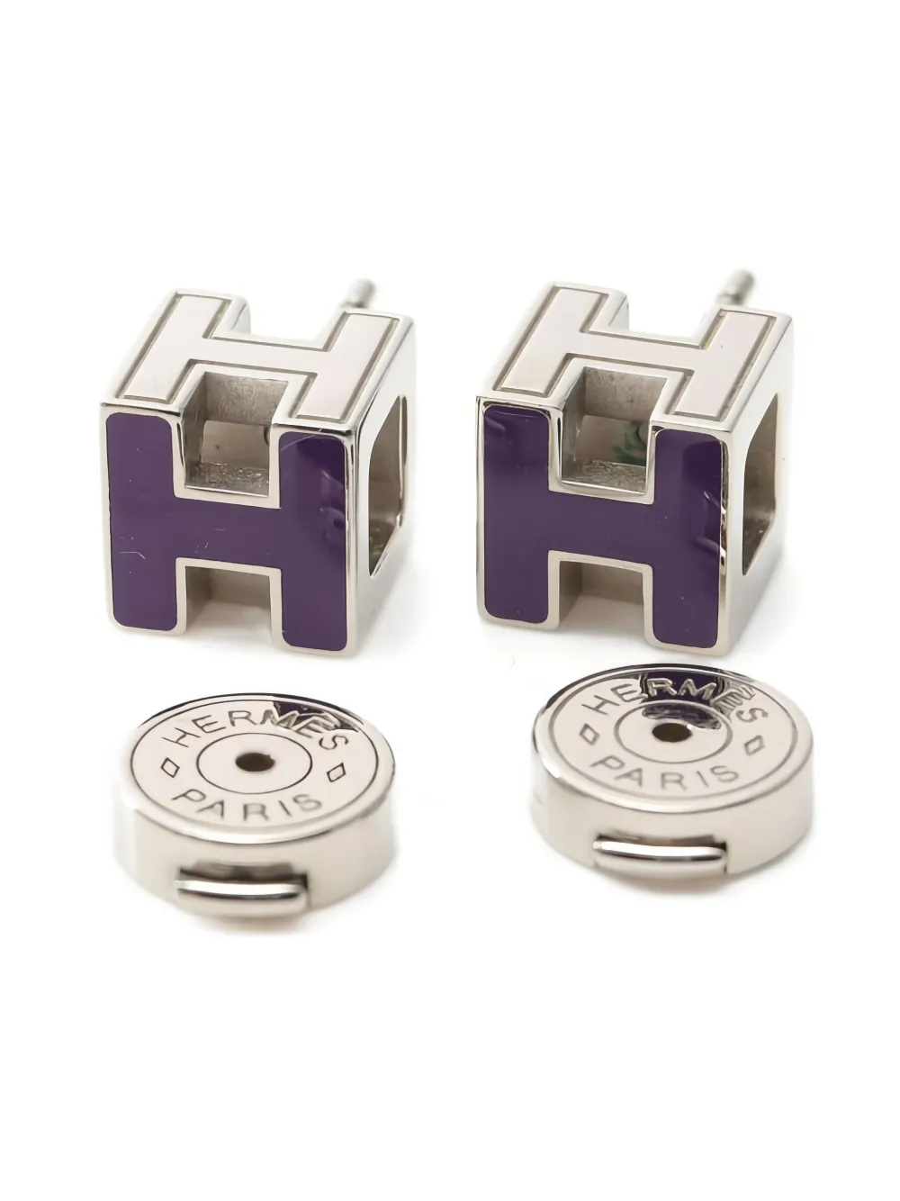 Pre-owned Hermes 10s H-cube Cage D'h Earrings In Silver