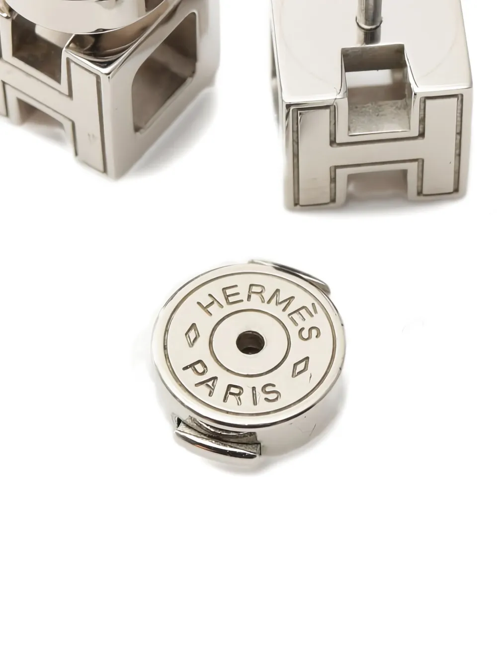 Pre-owned Hermes 10s H-cube Cage D'h Earrings In Silver