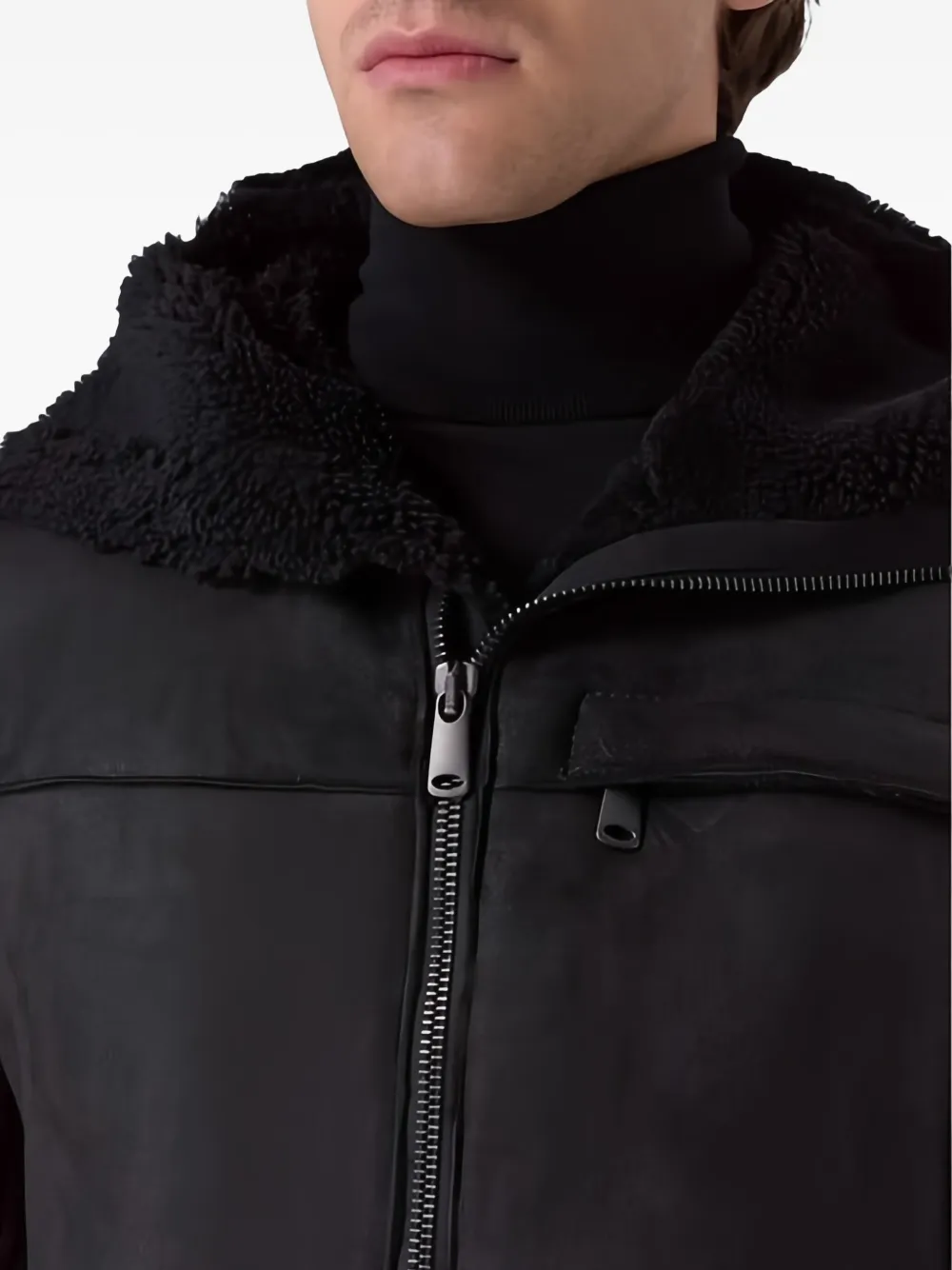 Transit Leren jack met capuchon van bont Zwart