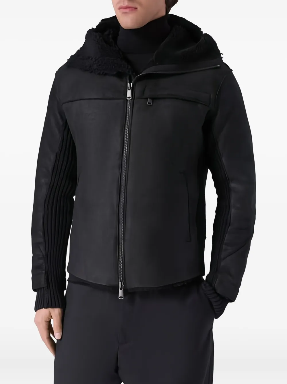 Transit Leren jack met capuchon van bont Zwart