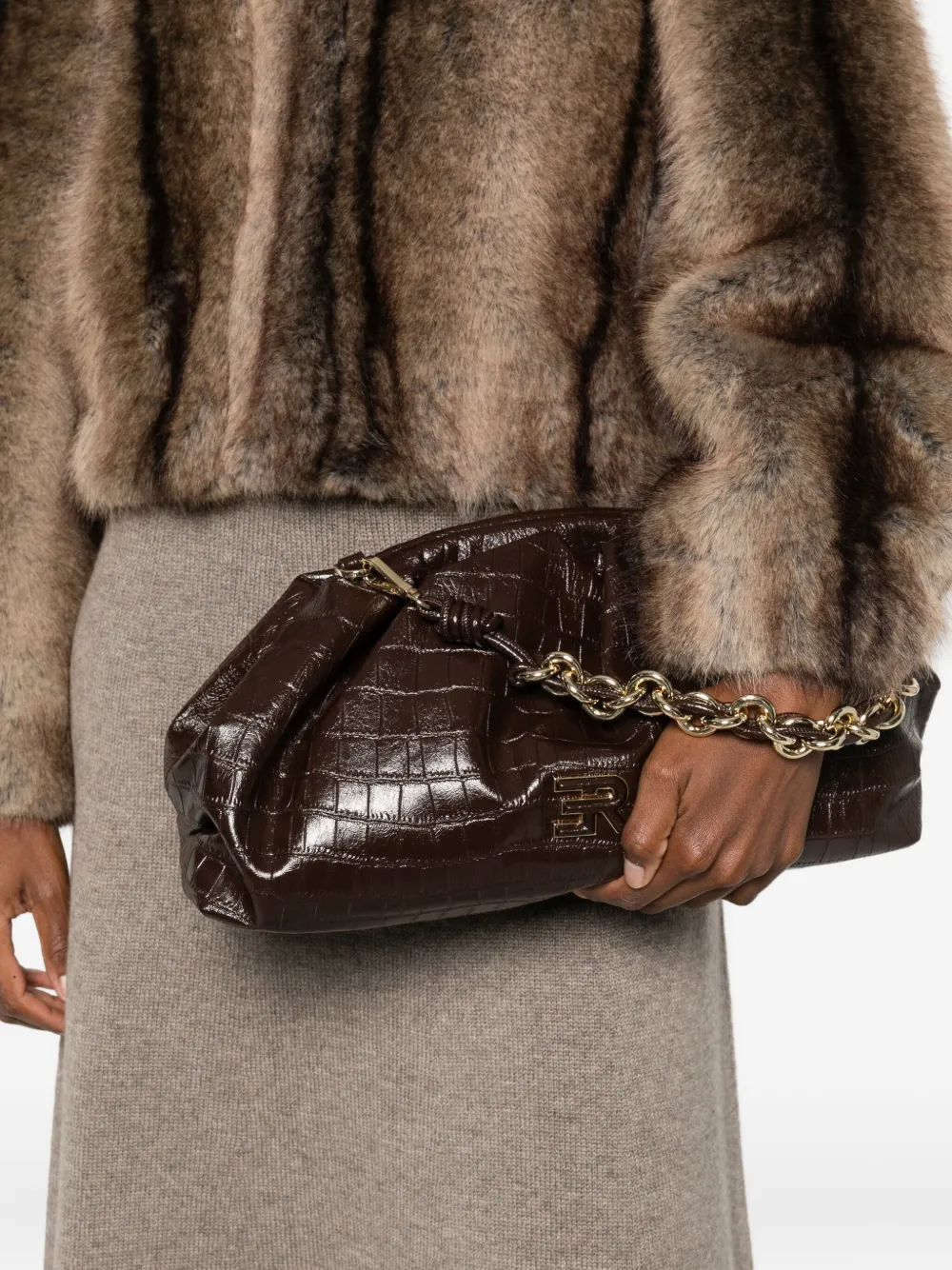 Ermanno Scervino Leren clutch met kettinghengsel en reliëf - Bruin
