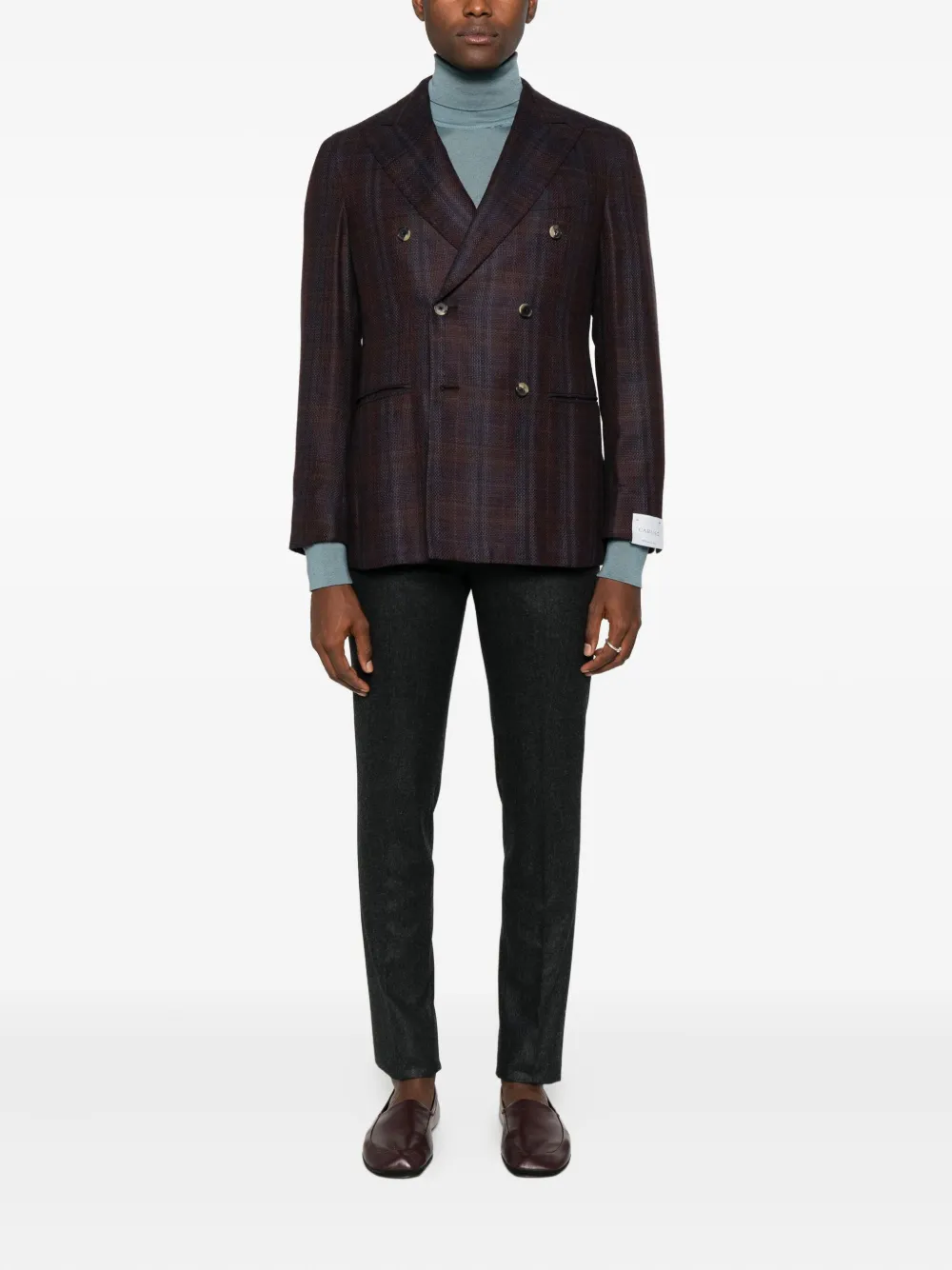 Caruso Double-breasted Checked Jacket In Brown