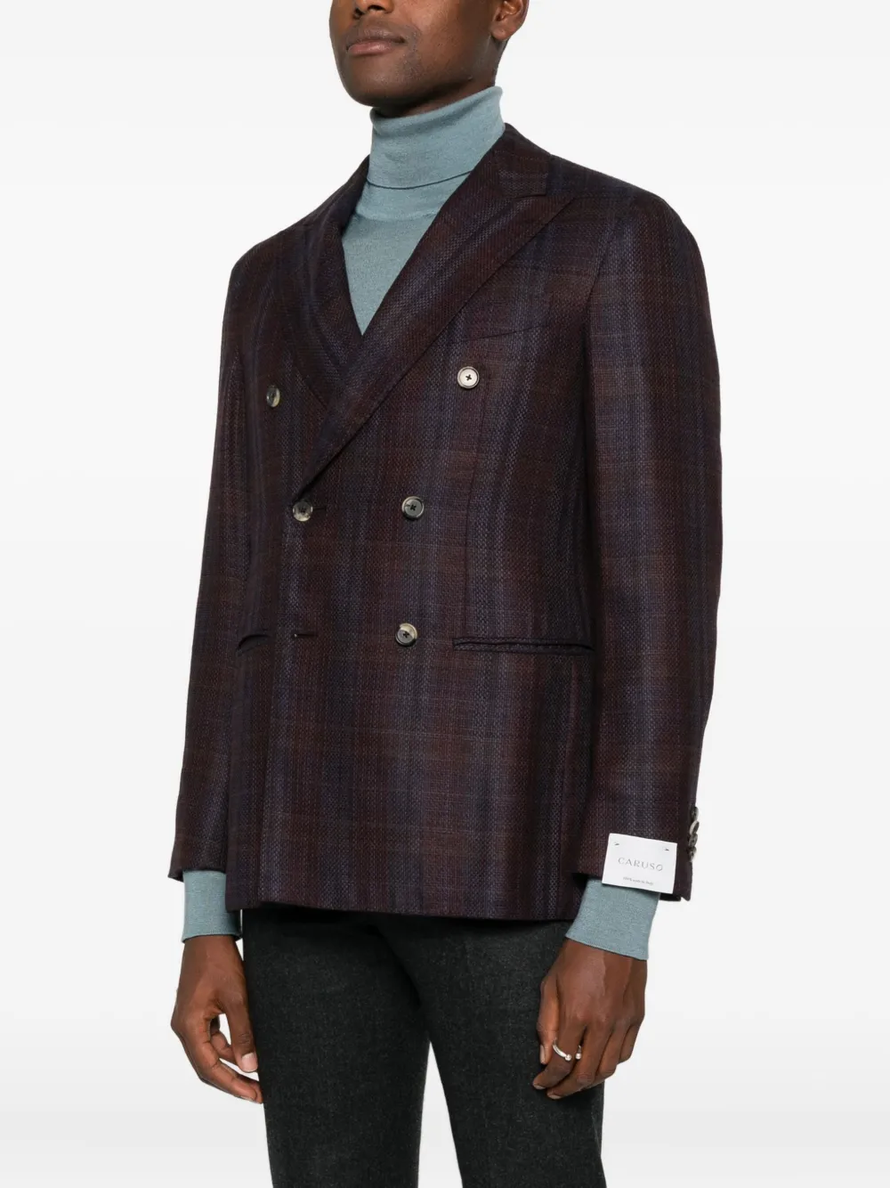 Caruso Double-breasted Checked Jacket In Brown