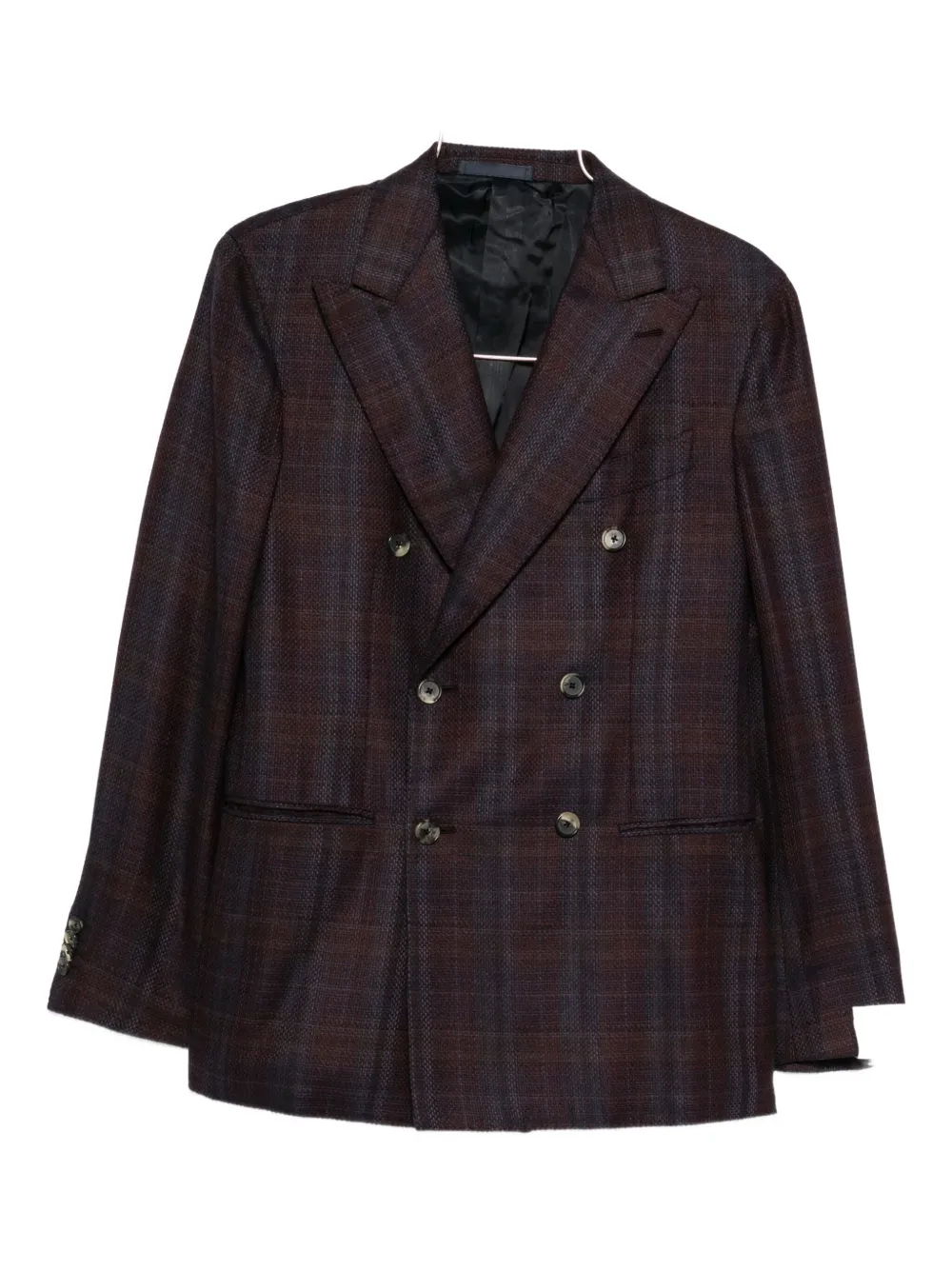 Caruso Double-breasted Checked Jacket In Brown